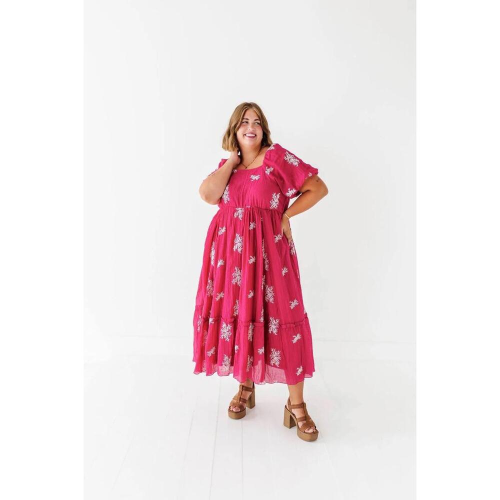 Baevely Red Floral Smocked Midi Dress Puff Sleeve Square‎ Neck Summer Sz 2XL NWT